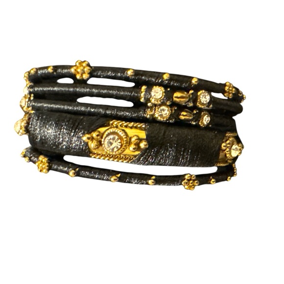 Black And Goldtone Bangle Set Of 5 Thread Wrapped w/ Rhinestones Approx 9” - Picture 1 of 4